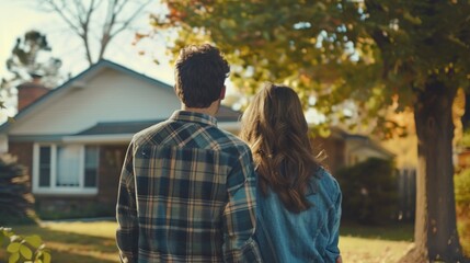 Wall Mural - Back view of loving couple enjoying peaceful walk through quaint neighborhood during autumn. Harmony in relationships and tranquil living spaces.