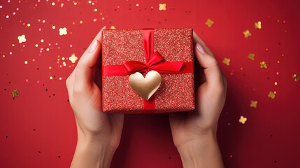 Wall Mural - Young woman hands holding elegant present gift box with golden ribbon over red background with confetti. Mother day, Father day, Christmas, New Year, Valentine's Day, greeting card with copy space.