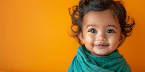 Wall Mural - Small cute smiling indian girl over yellow background. Banner with copy space. Shallow depth of field.