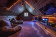 An attic transformed into a gamer's paradise, with slanted ceilings and LED lights setting the mood.