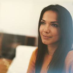 Poster - Thinking, woman and rest on sofa in lounge for wellness, comfort and memory in home. Happiness, face and Mexican female person on couch in living room for calm, weekend off and peaceful day in house