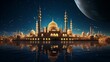 Vibrant ramadan scene: illuminated 3d mosque and crescent symbolize spiritual bliss

