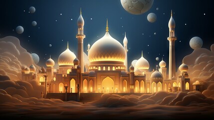 Wall Mural - Vibrant ramadan scene: 3d render of mosque and crescent illuminated with blissful glow
