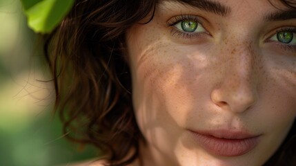 portrait of young woman with natural makeup, showcasing freckles in serene outdoor setting with gree