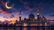 Ramadan serenity: illuminated 3d mosque and crescent symbolize spiritual bliss

