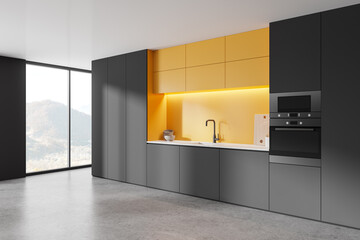 Wall Mural - Dark home kitchen interior with cooking cabinet, sink and oven with kitchenware