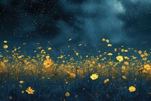 Abstract Background With Yellow Flowers And Starry Night Sky. 8k