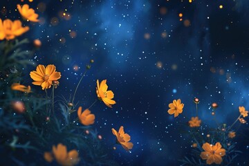 Wall Mural - abstract background with yellow flowers and starry night sky. 8k