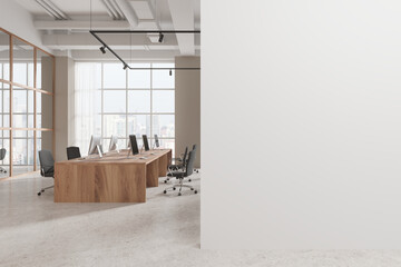 Wall Mural - White and beige open space office interior with blank wall