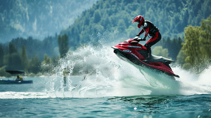 Jet skier performing jump on clear lake