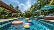 Outdoor pool with floating inflatables