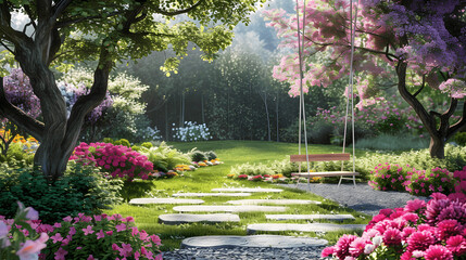 Rustic garden with blooming flowers and swing