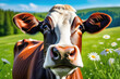 Portrait of a funny cow on a green grass lawn and summer flowers on a sunny day. Farm animal looks at the camera while grazing in a meadow. Animal husbandry, agriculture, grazing, farming. Close-up.
