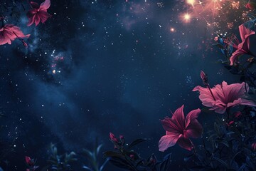 Abstract background with maroon flowers and starry night sky. 8k