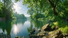 The View Of The Beautiful Lake In The Mountain Gap And With Green Trees