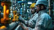 © sirisakboakaew - An employee at a chemical refinery wearing a uniform, eye shield glasses, and a hard hat checks pipes and machinery.
