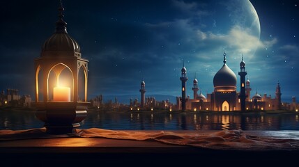 Wall Mural - Serene mosque background with glowing lantern: ramadan kareem greeting

