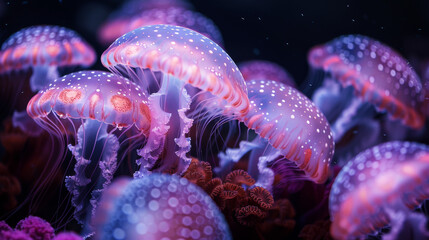 A group of luminous jellyfish with delicate, translucent bodies drift gracefully in an aquarium, their tentacles trailing like ornate strings of pearls in the blue aquatic light.