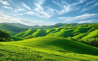 Lush meadows stretch for miles, kissed by the sun's rays, as fluffy clouds drift lazily in a serene azure sky. Perfect setting for a peaceful escape.