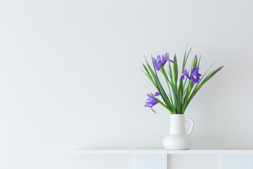 Wall Mural - irises in white jug on white background