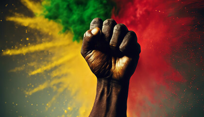 Black History Month background. Black power hand fist over red yellow green colors powder explosion, Raised fist of an African American black man in the background. Unity, solidarity, protest.