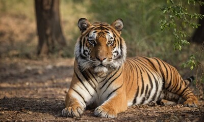 A tiger is laying down in the grass