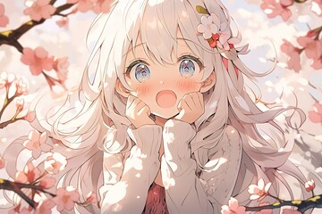 Wall Mural - cute surprised anime girl with white hair surrounded by sakura cherry blossoms