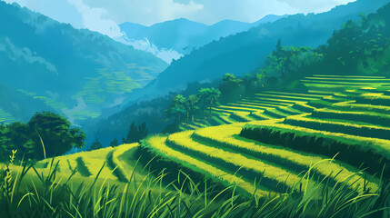 Cartoon image of a beautiful mountain from the edge of a fertile rice field