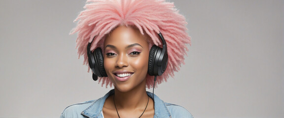 Wall Mural - Banner with Black woman with light pink afro hair listens song in headphones