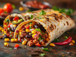 Delicious taco burrito photography, explosion flavors, studio lighting, studio background, well-lit, vibrant colors, sharp-focus, high-quality, artistic, unique, award-winning photograph