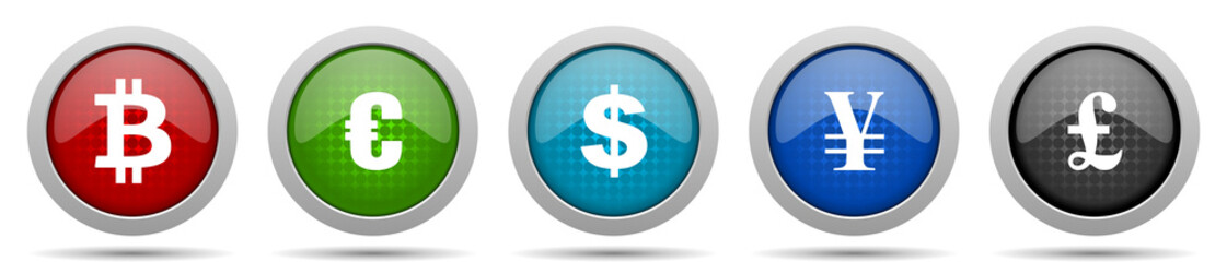 Poster - Currency icons, miscellaneous buttons such as bitcoin, euro, dollar, yen and pound, circle glossy web icon collection