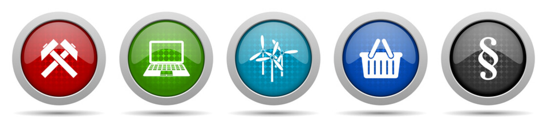Fototapete - Commerce icons, miscellaneous buttons such as mining, laptop, wind turbine, shop basket and law, circle glossy web icon collection