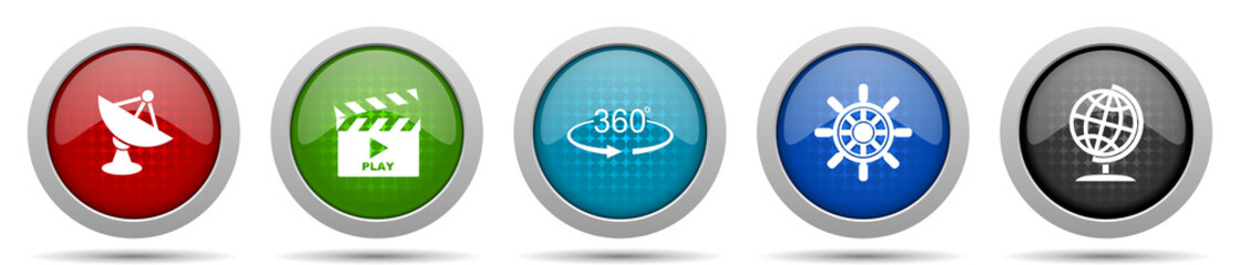 Poster - Communication icons, miscellaneous buttons such as satellite antenna, cinema, 360 degree, ship wheel and globe, circle glossy web icon collection
