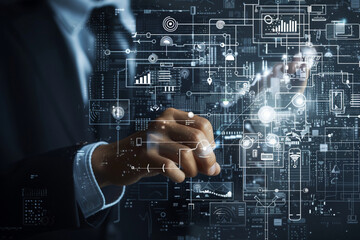 Business and technology concept. Communication network. Digital transformation. GUI (Graphical User Interface).