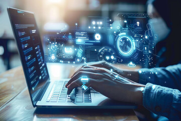 Creative visual of business people in working at computer desk . Concept of digital technology for marketing data analysis and investment decision making .