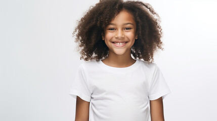 Smiling teenage girl in a white T-shirt on a white background mockup. Childhood lifestyle concept. Mockup copy space. African girl model