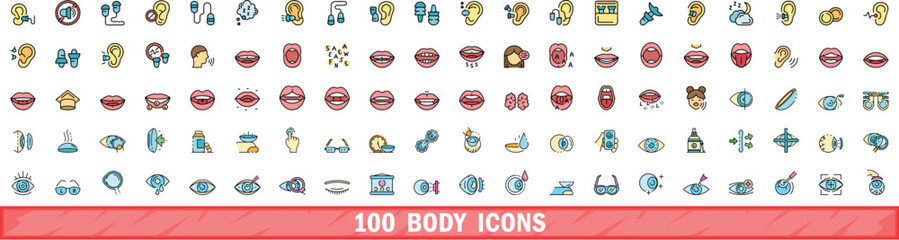 Poster - 100 body icons set. Color line set of body vector icons thin line color flat on white