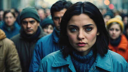 Poster - portrait of beautiful sad depressed looking woman with black hair blue eyes surrounded by crowd of people in the street