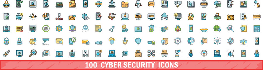 Wall Mural - 100 cyber security icons set. color line set of cyber security vector icons thin line color flat on 