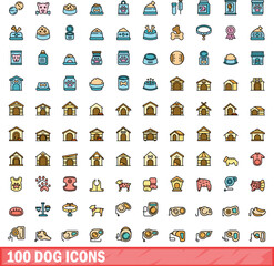 Sticker - 100 dog icons set. Color line set of dog vector icons thin line color flat on white