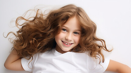 Smiling teenage girl in a white T-shirt on a white background mockup. Childhood lifestyle concept. Mockup copy space