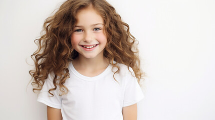 Smiling teenage girl in a white T-shirt on a white background mockup. Childhood lifestyle concept. Mockup copy space