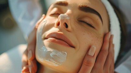 Wall Mural - Close up of female masseur hands making face relaxing massage to young girl lying with closed eyes in beauty salon or cosmetology cabinet.