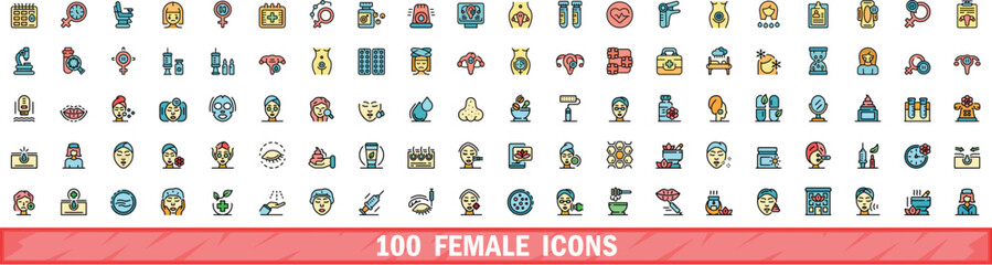 Poster - 100 female icons set. Color line set of female vector icons thin line color flat on white