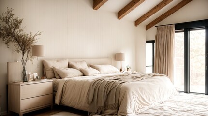 Wall Mural - Relaxed Bedroom in Neutral Hues Featuring Cozy Bed and Elegant Interior 