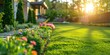 Exquisitely maintained flowerbed and lawn with decide. Generative Ai
