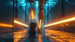 An unrecognizable disabled athlete walks on a lighted walkway with a bionic prosthetic leg that uses robotic technology.