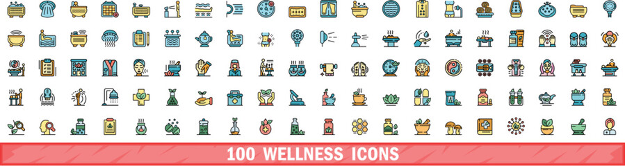 Poster - 100 wellness icons set. Color line set of wellness vector icons thin line color flat on white