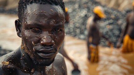 A thin African diamond miner is in the background. Traditional African workers washing diamonds