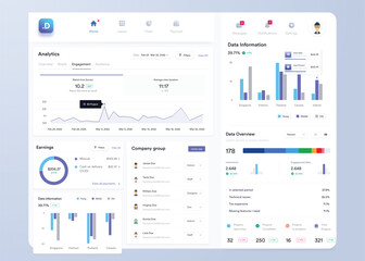 UI UX Infographic dashboard. UI design with graphs, charts and diagrams. Web interface template